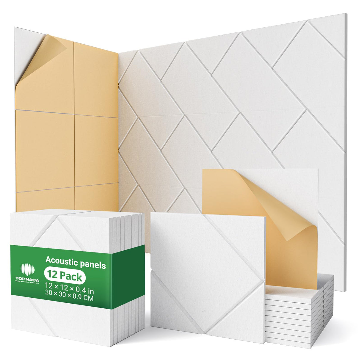 Topnaca 12 Pack Soundproof Wall Panels Self-Adhesive, 12" X 12" X 0.4" Sound proof panels for walls, High Density Acoustic Panels, Sound Absorbing Panel for Studio, Home, Offices(White) Topnaca