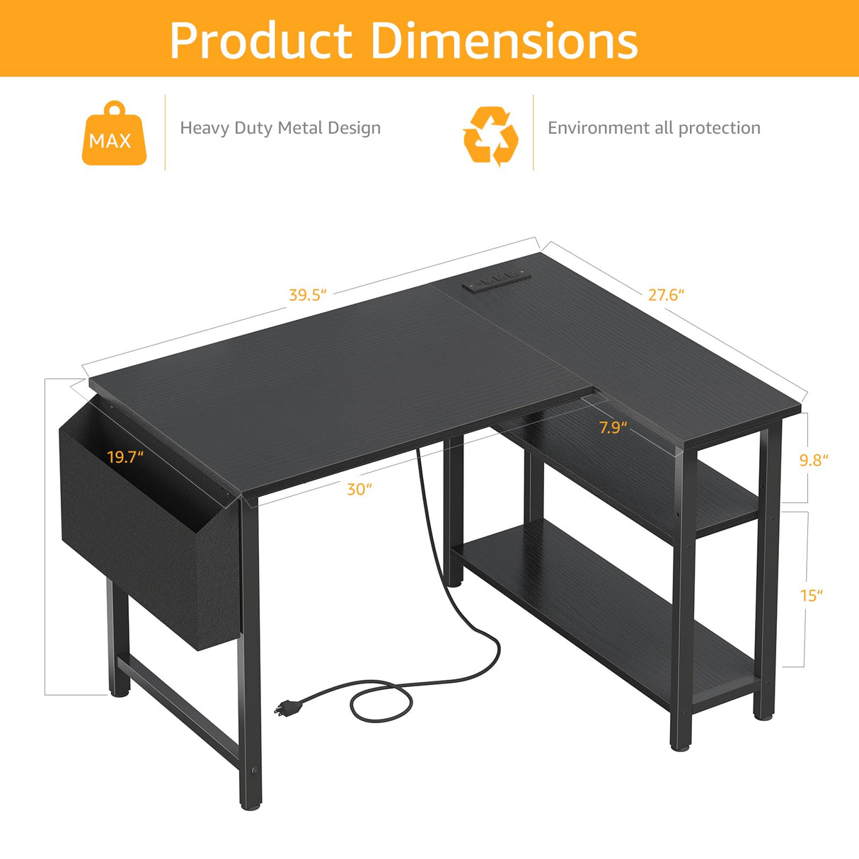 DLisiting Black L Shaped Gaming Computer Desk with Power Outlet Shelves, 40 Inch Small Corner Desk for Small Space Home Office, Study Work PC Desks for Bedroom, Black DLisiting