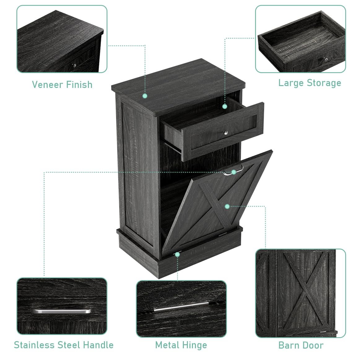 TOLEAD Tilt Out Trash Cabinet Free Standing 10 Gallon Wooden Trash Can Cabinet with Barn Door for Farmhouse Kitchen,Living Room, Dining Room, Oak Grey TOLEAD