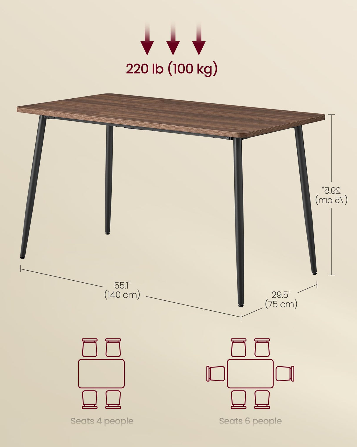 VASAGLE Dining Table, Dining Room Table for 4-6 People, Modern Farmhouse, for Kitchen, Quick Assembly, Heat-Resistant Surface, 29.5 x 55.1 x 29.5 Inches, Natural Walnut and Ink Black UKDT100K02V1 VASAGLE