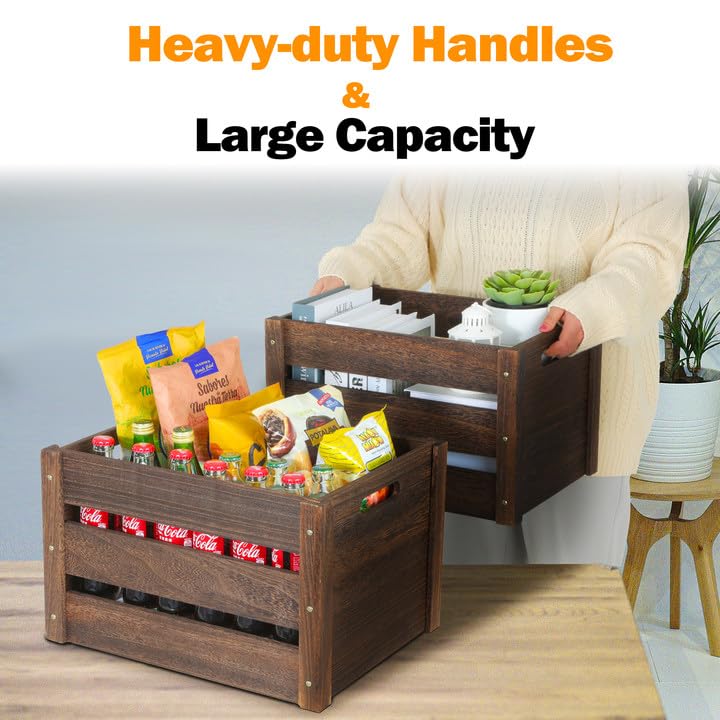 Edergoo Wooden Crates, Farmhouse Wooden Crates for Storage, Rustic Handmade Wood Crate with Handles, Durable Wooden Crates for Display, Large Wooden Crate Box, Wooden Crates for Decor, 2 Pack, Brown Edergoo