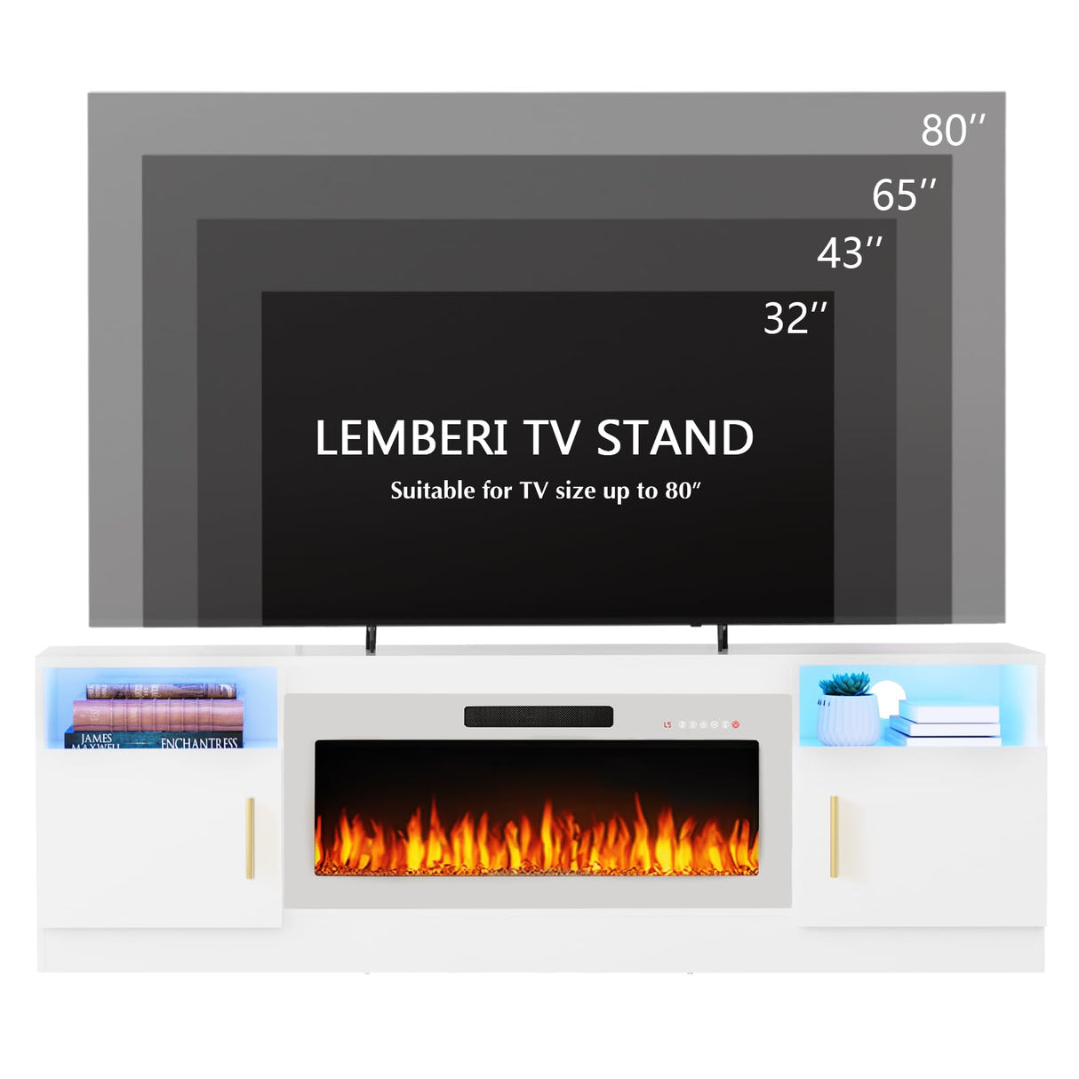 LEMBERI Fireplace tv Stand with 36 inch White Fireplace Up to 80" TVs,LED Light Entertainment Center and Storage, 70" Modern Wood Media TV Console with Highlight Cabinet for Living Room LEMBERI
