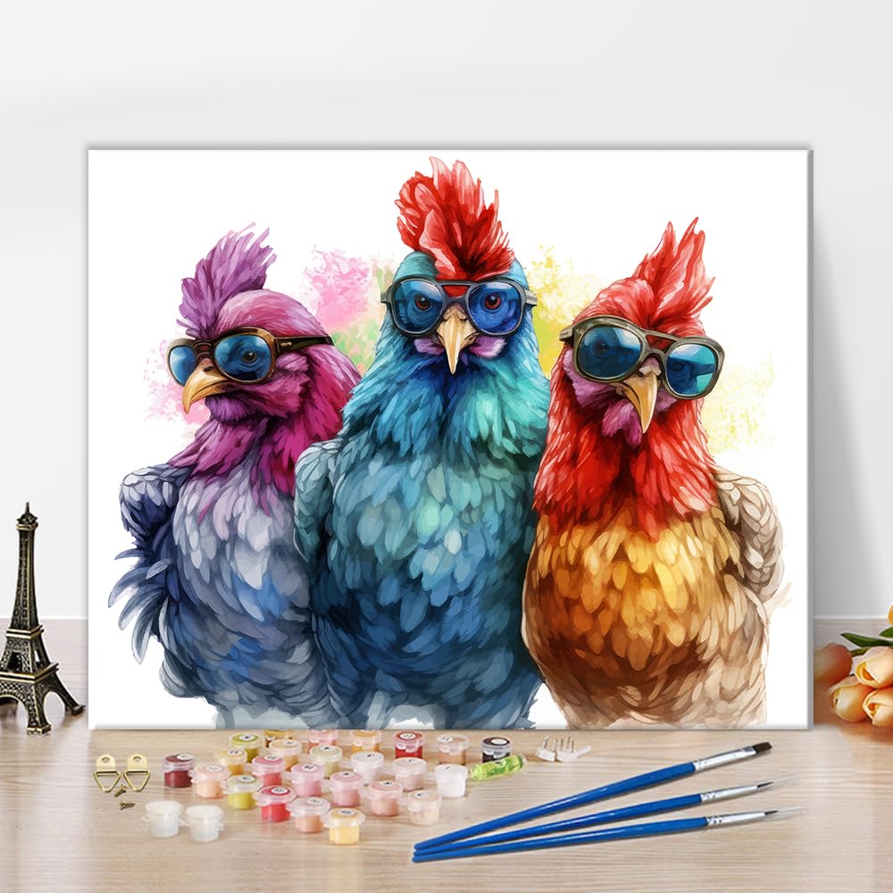 Paint by Numbers for Adults Chickens with Sunglasses Drawing Beginner Paint by Number on Canvas DIY Animal Painting Art Modern Funny Paintwork Decor for Living Room Wall Decoration 16x20 in Rebotipy