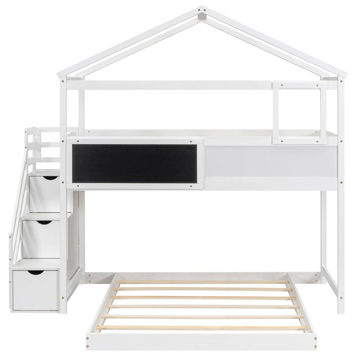Harper & Bright Designs House Bunk Bed with Stairs,Twin Over Full Bunk Beds with Blackboard,Wood Kids Floor Bunk Bed Frame with Storage Shelves,Space-Saving Design, White Harper & Bright Designs
