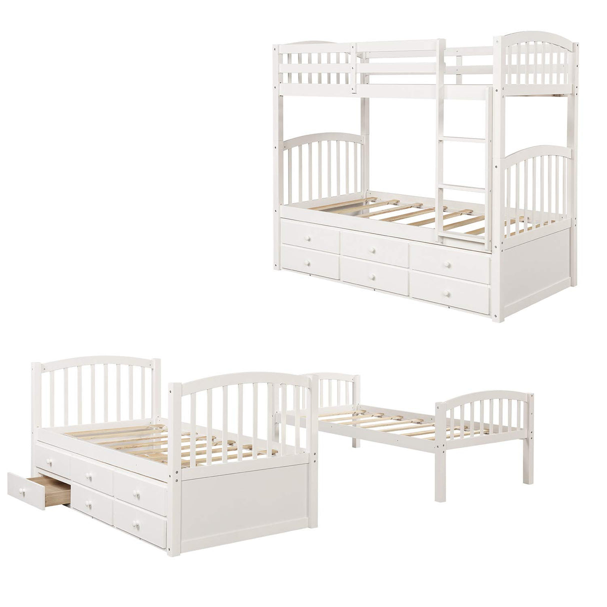 Harper & Bright Designs Twin Over Twin Bunk Bed with Trundle and Storage, Solid Wood Bunk Bed Frame with 3 Drawers for Kids, Teens, Adults (White) Harper & Bright Designs