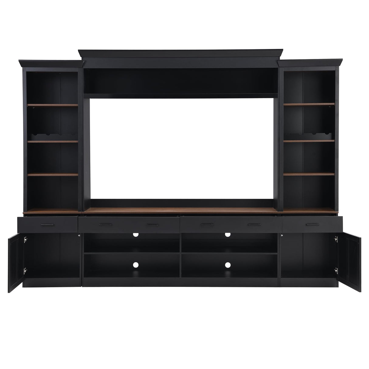 LUMISOL 4-Piece Farmhouse Entertainment Wall Unit Set for TVs up to 70", TV Stand with Bookshelves and 4 Drawers, Large Media Console with Wine Rack and Adjustable Shelves, for Living Room, Black LUMISOL