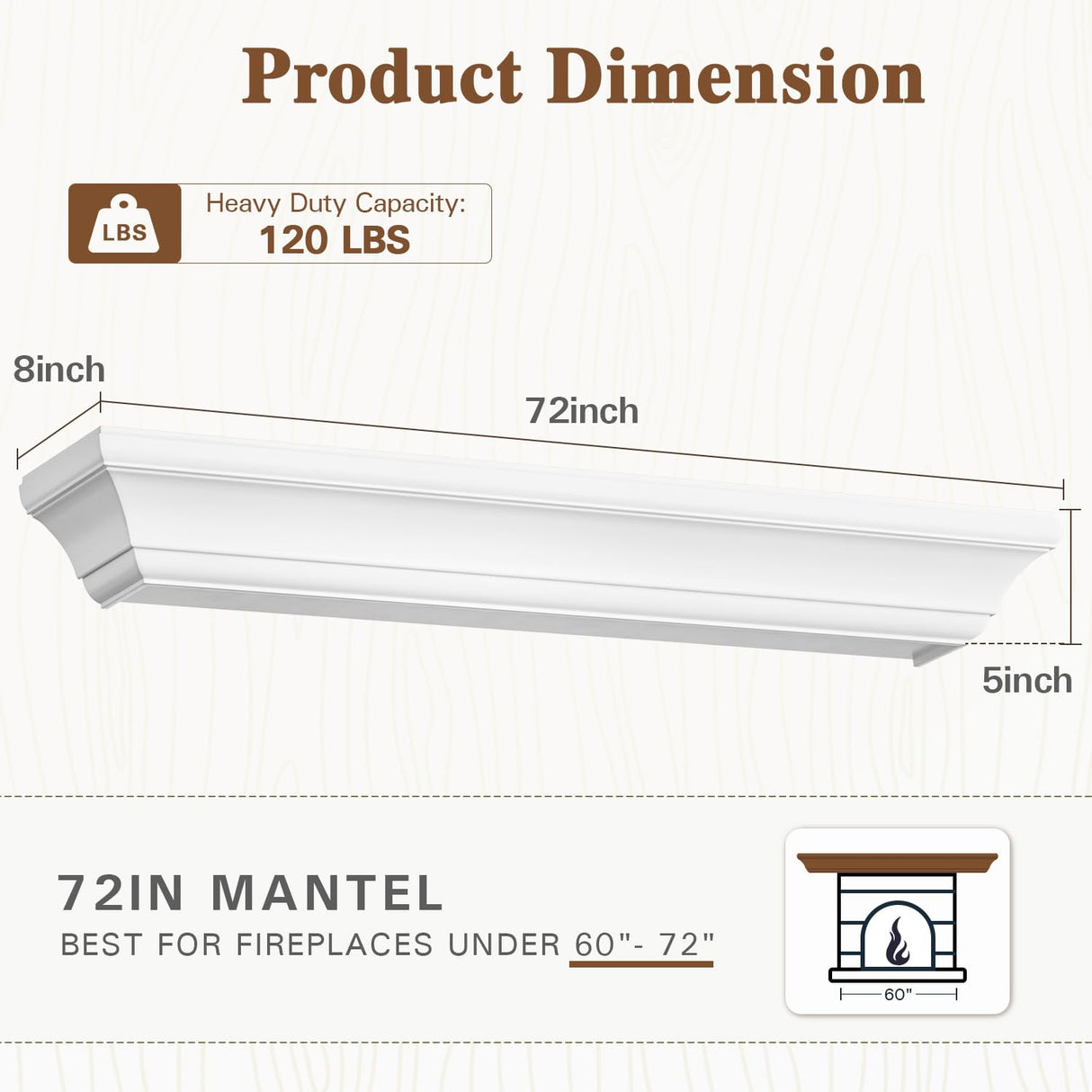 Eshoma Fireplace Mantel - 72 Inch Floating Shelf for Over Fireplace - Wood Mantel with Invisible Heavy Duty Wood Bracket, Modern Wall Mounted Mantle Shelf, White, 72 X 8 X 6 Eshoma