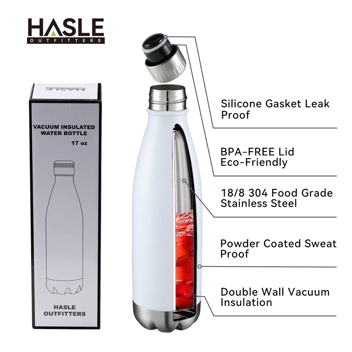 HASLE OUTFITTERS 17oz Stainless Steel Water Bottles Bulk, Vacuum Insulated Water Bottles Double Walled Powder Coated Reusable Metal Sports Water Bottles Keep Drinks Hot and Cold, White, 8Packs HASLE OUTFITTERS