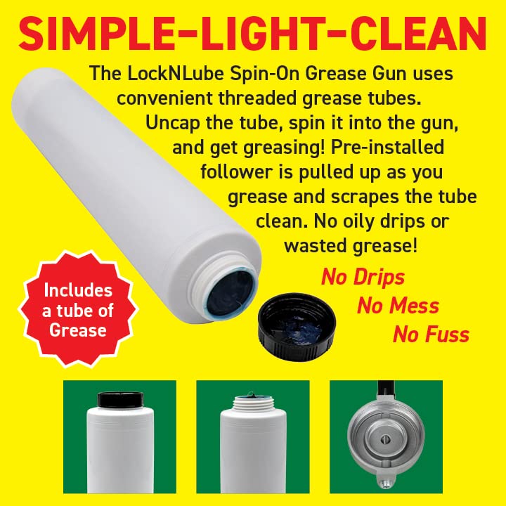 LockNLube Spin-On Pistol-Grip Grease Gun Kit. Includes: 1 Tube Grease, The Grease Coupler Plus a Heavy-Duty 20" Grease Hose and in-line Hose Swivel. LockNLube