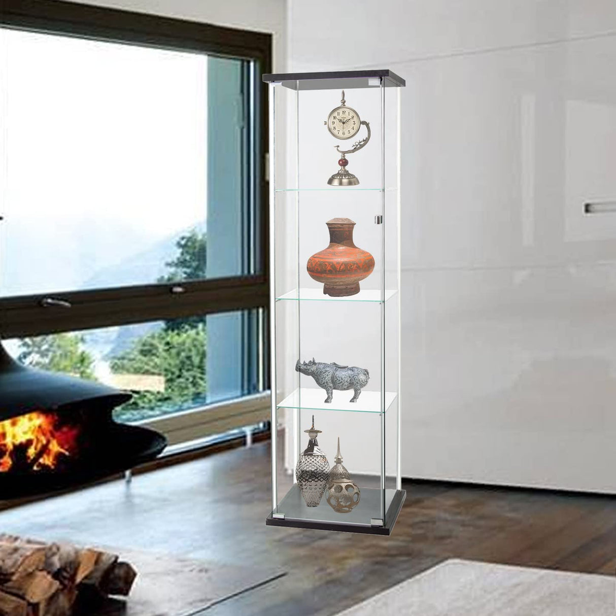 HomVent 4-Shelf Glass Door Cabinet Display, Curio Cabinet, Square Tower Display With Door for Home (Black) HomVent