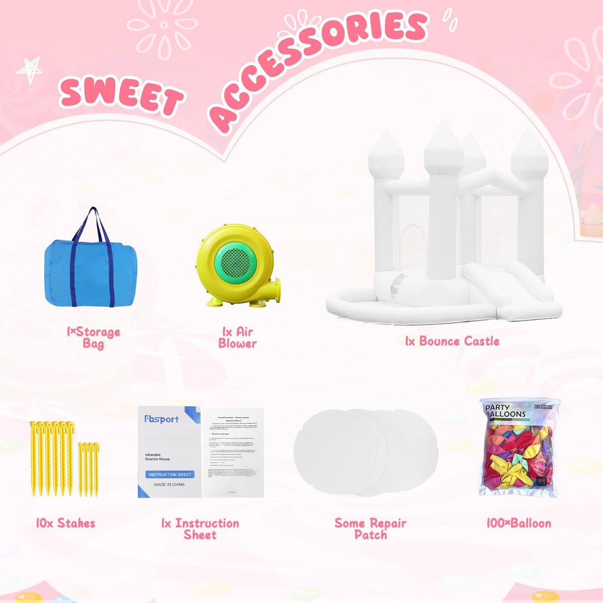 FBSPORT White Bounce House, Inflatable Bouncer with Air Blower,Indoor & Outdoor Bouncy Castle with Big Ball Pit for Wedding Party Kids Birthday Party, Easy to Install FBSPORT