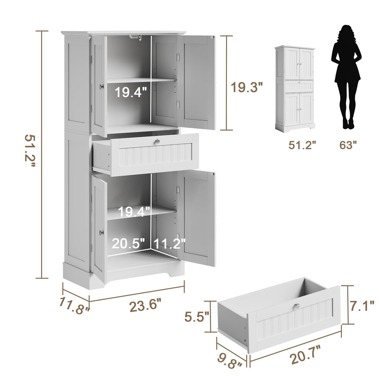 ChooChoo 51" H Tall Bathroom Floor Cabinet, Modern Bathroom Storage Cabinet with Drawer and Adjustable Shelves, Freestanding Kitchen Pantry Cupboard with 4 Doors for Living Room, White ChooChoo