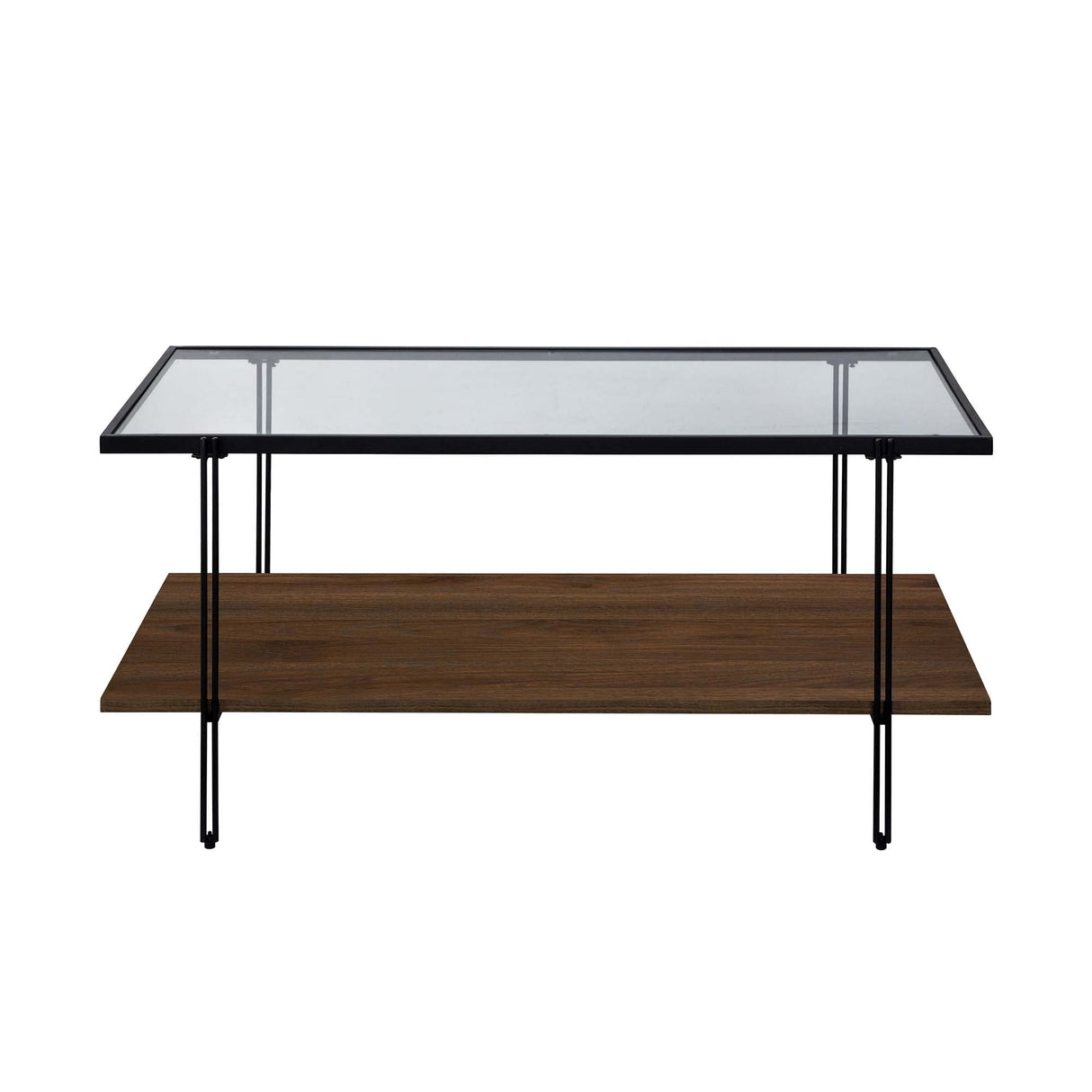 Nathan James Asher Mid-Century Rectangle Coffee Table Glass Top and Wood Finish Storage Shelf with Metal Legs, Walnut/Black Nathan James