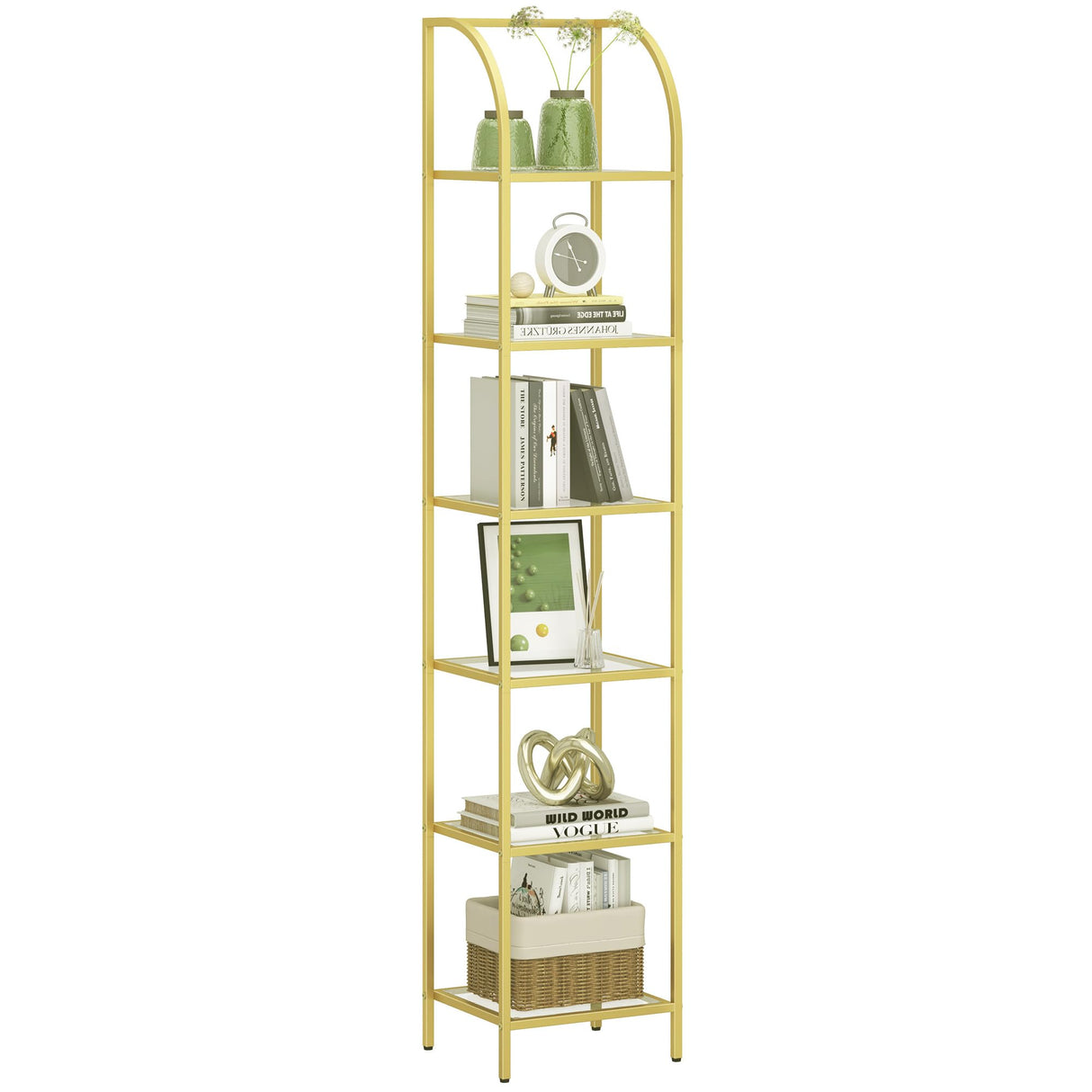 Hzuaneri Gold Arched 6-Tier Tempered Glass Bookshelf for Elegant Storage Hzuaneri