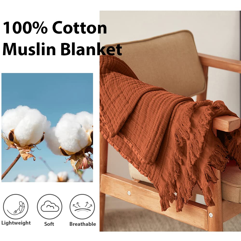 Simple&Opulence Cotton Muslin Throw Blanket for Bed, Couch, Knit Woven Gauze Blanket with Tassels, Soft Lightweight Cozy Pre-Washed Breathable Farmhouse Decoration for All-Season (Rust Orange) Simple&Opulence