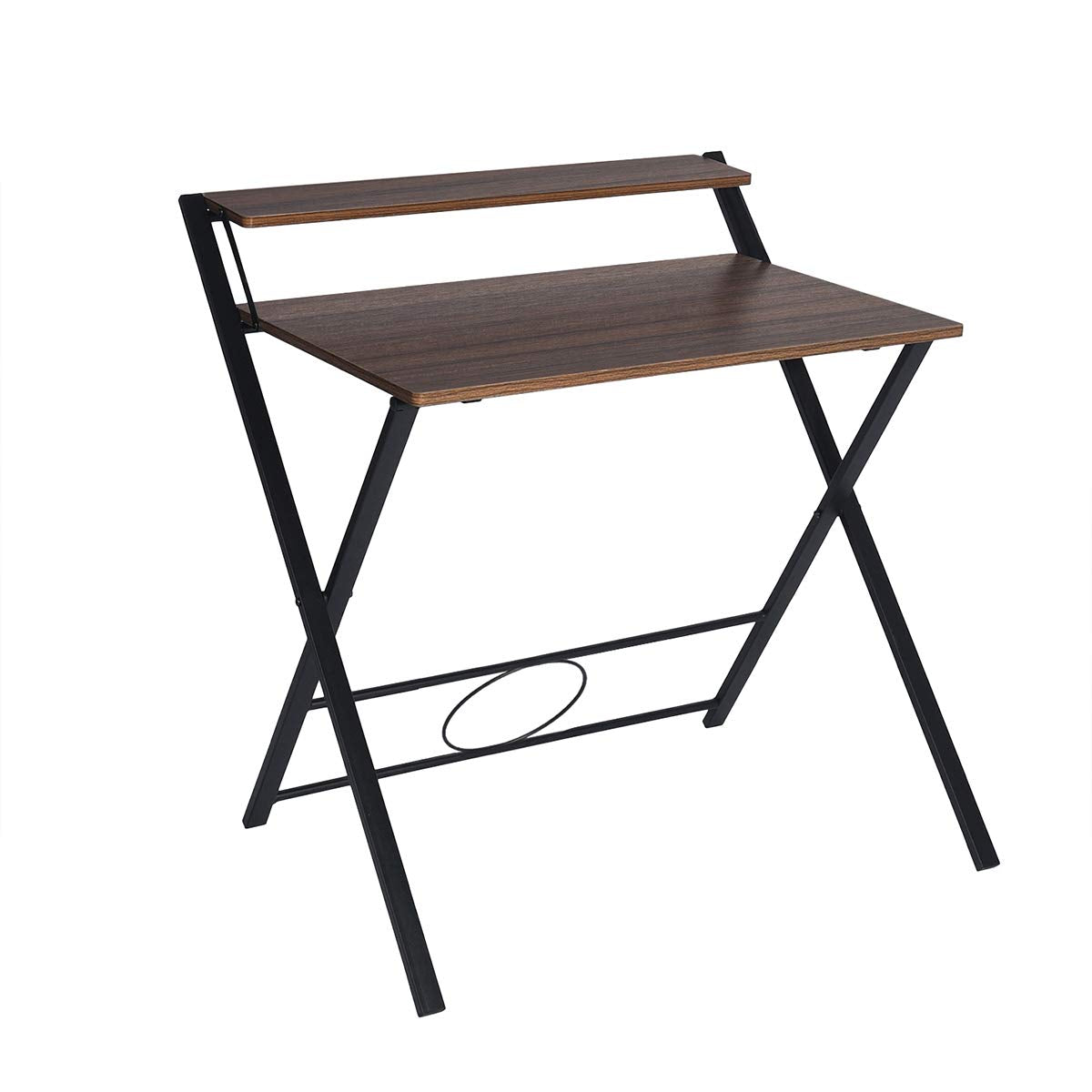 FurnitureR 31.9'' Folding Desk 2 Tier Foldable Writing Table Assembly Saves Space for Home Office Study, Metal Frames/Wood Top Laptop Table Computer Desk, Industrial Brown FurnitureR