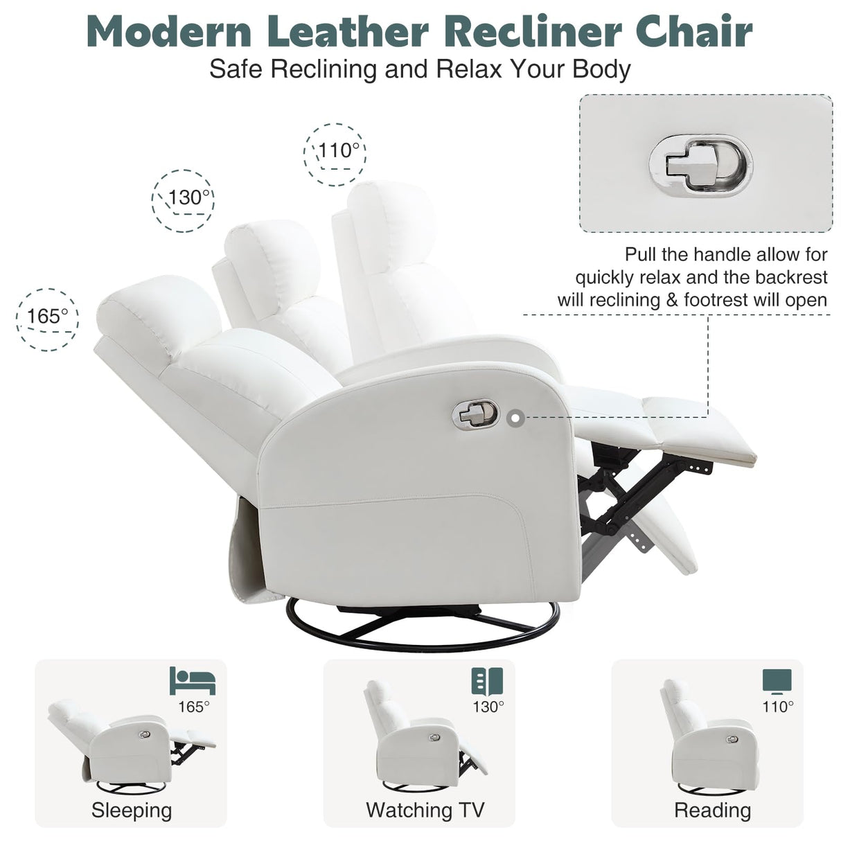 HOMYKA Swivel Rocker Recliner, Manual Glider Rocking Recliner Chair, Leather Swivel Reclining Lounge Chair Nursery Glider Recliners for Small Spaces, Living Room, White HOMYKA