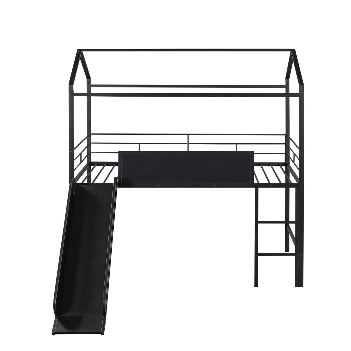 Twin House Loft Beds with Slide and Chalkboard, Low Loft Bed Twin Size, Metal House Bed with Guardrail and Ladder, Metal Twin Size Loft Bed for Kids Teens Girls Boys (Twin, Black) Harper & Bright Designs