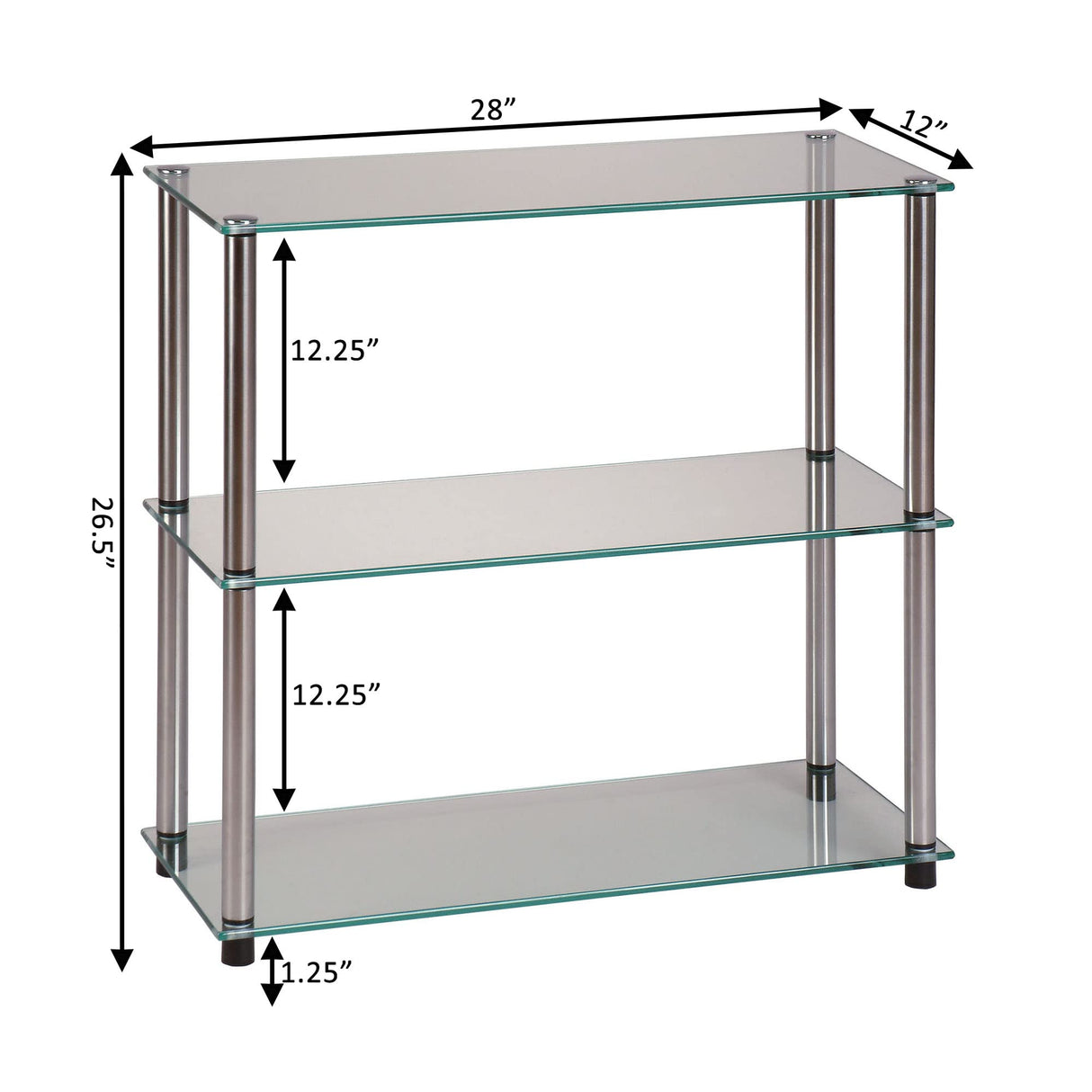 Convenience Concepts Designs2Go Classic Glass 3-Tier Bookshelf 28" - Modern Media Stainless Steel Bookcase for Living Room, Display Storage Shelves for Family Room, Bathroom, Office, Glass/Chrome Convenience Concepts