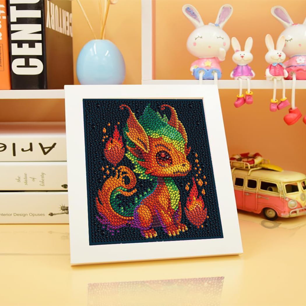 Meothan 5D Diamond Painting Kit for Kids with Wooden Frame Easy Small Dragon Diamond Painting, DIY Dragon Big Gem Painting Set Paint by Diamonds Crafts for Girls Boys Ages 4-12 7x7 in Meothan