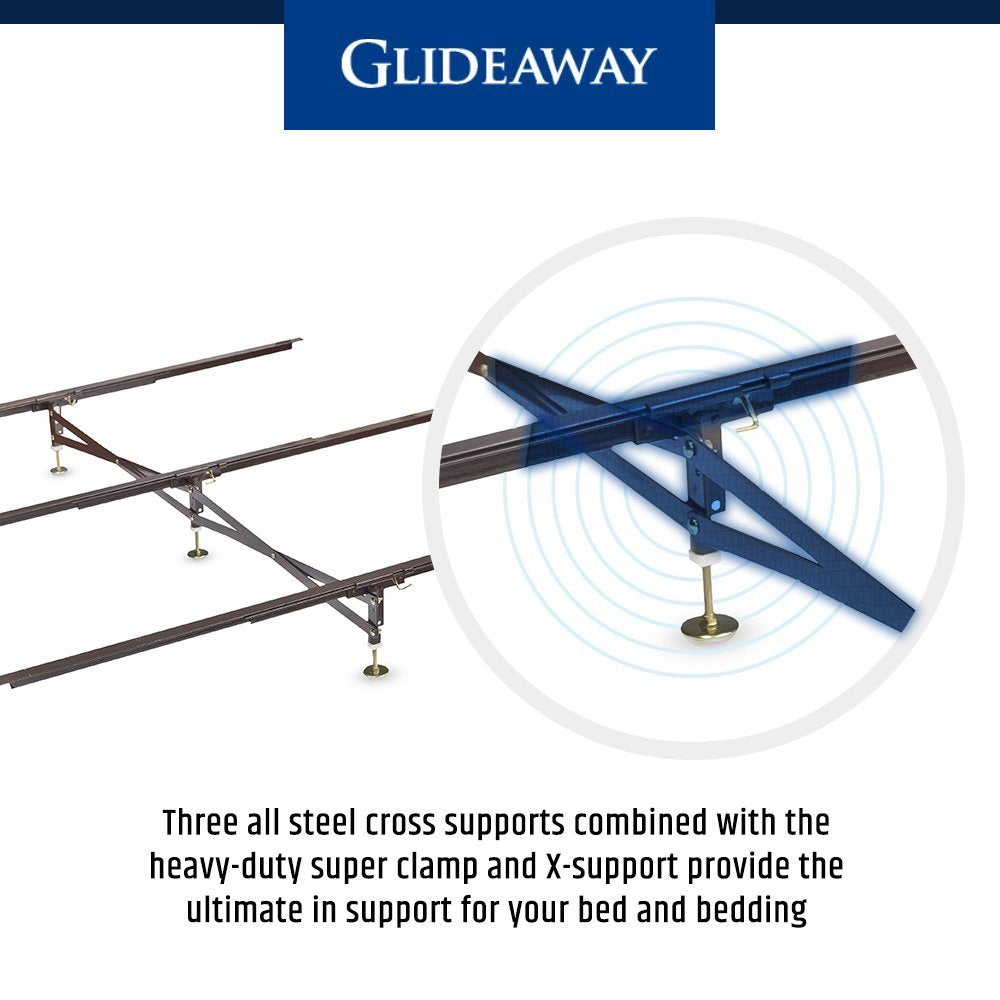 Glideaway X-Support Bed Frame Support System, GS-3 XS Model - 3 Cross Rails and 3 Legs - Strong Center Support Base for Full, Queen and King Mattress, Box Springs, and Bed Foundations Glideaway