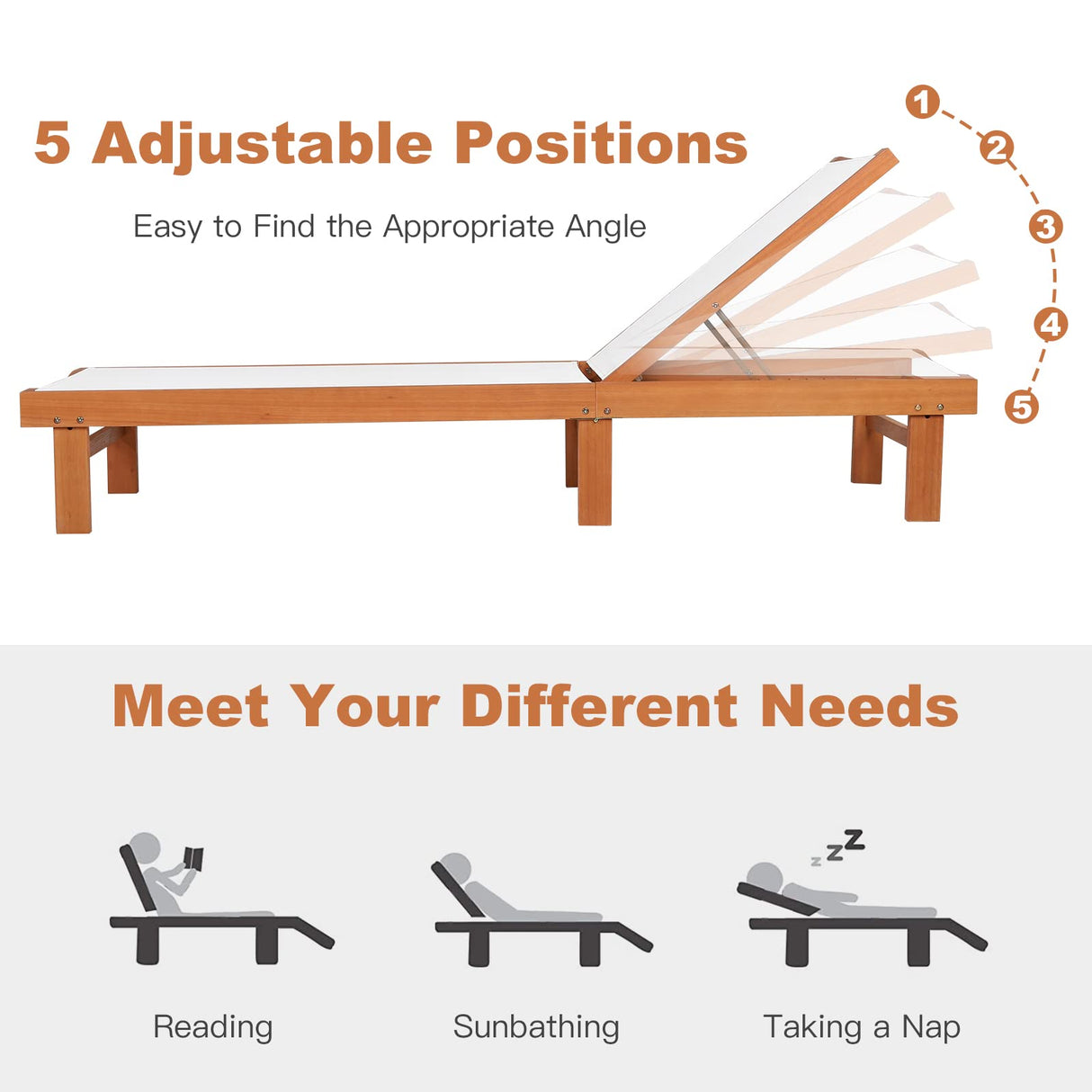 COSTWAY Patio Wood Chaise Lounge Chair, Strong Eucalyptus Wood Frame, 5-Position Adjustable Outdoor Recliner with White Mesh (1) COSTWAY