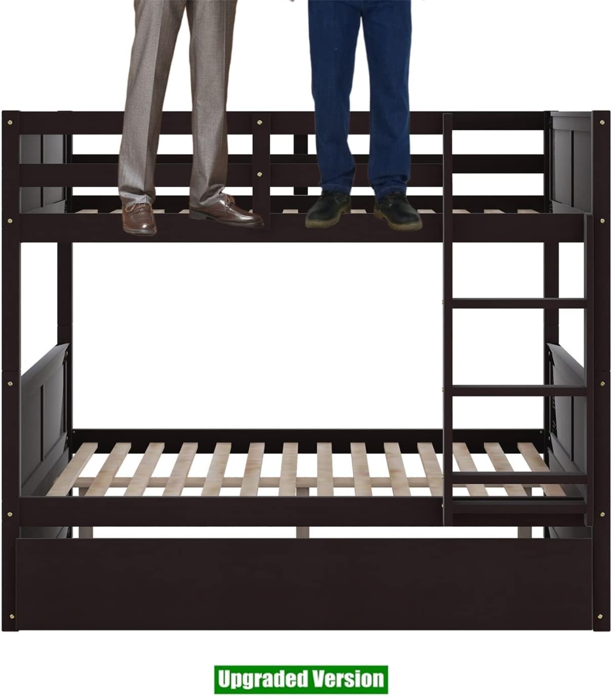 TSAMPA Latest Upgraded & Stronger Heavy Duty Solid Wood Full Over Full Bunk Bed with Trundle, Thickened Safer Convertible Bunkbed Frame (Easier to Assemble) (Espresso) TSAMPA