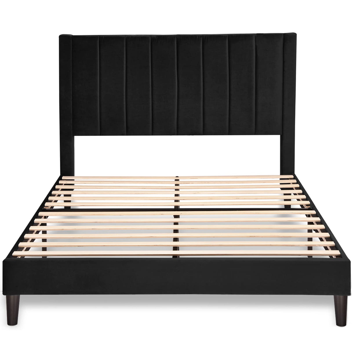 Allewie Queen Platform Bed Frame/Velvet Upholstered Bed Frame with Vertical Channel Tufted Headboard/Strong Wooden Slats/Mattress Foundation/Box Spring Optional/Easy Assembly/Black Allewie