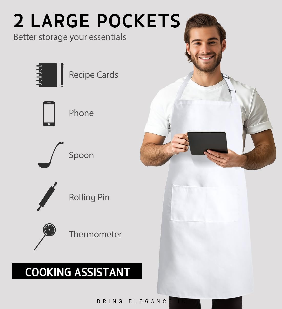 Syntus 2 Pack Adjustable Bib Apron Waterdrop Resistant with 2 Pockets Cooking Kitchen Aprons for BBQ Drawing, Women Men Chef, White Syntus