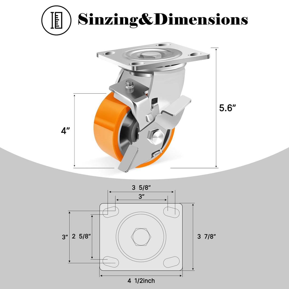 W B D WEIBIDA 4-Inch Industrial Grade Casters Wheels, Heavy Duty Casters Set of 4 with Brake 3200 Lbs, Maintenance-Free Polyurethane on Aluminum Wheels, Plate Swivel Casters for Machine, Workbench W B D WEIBIDA