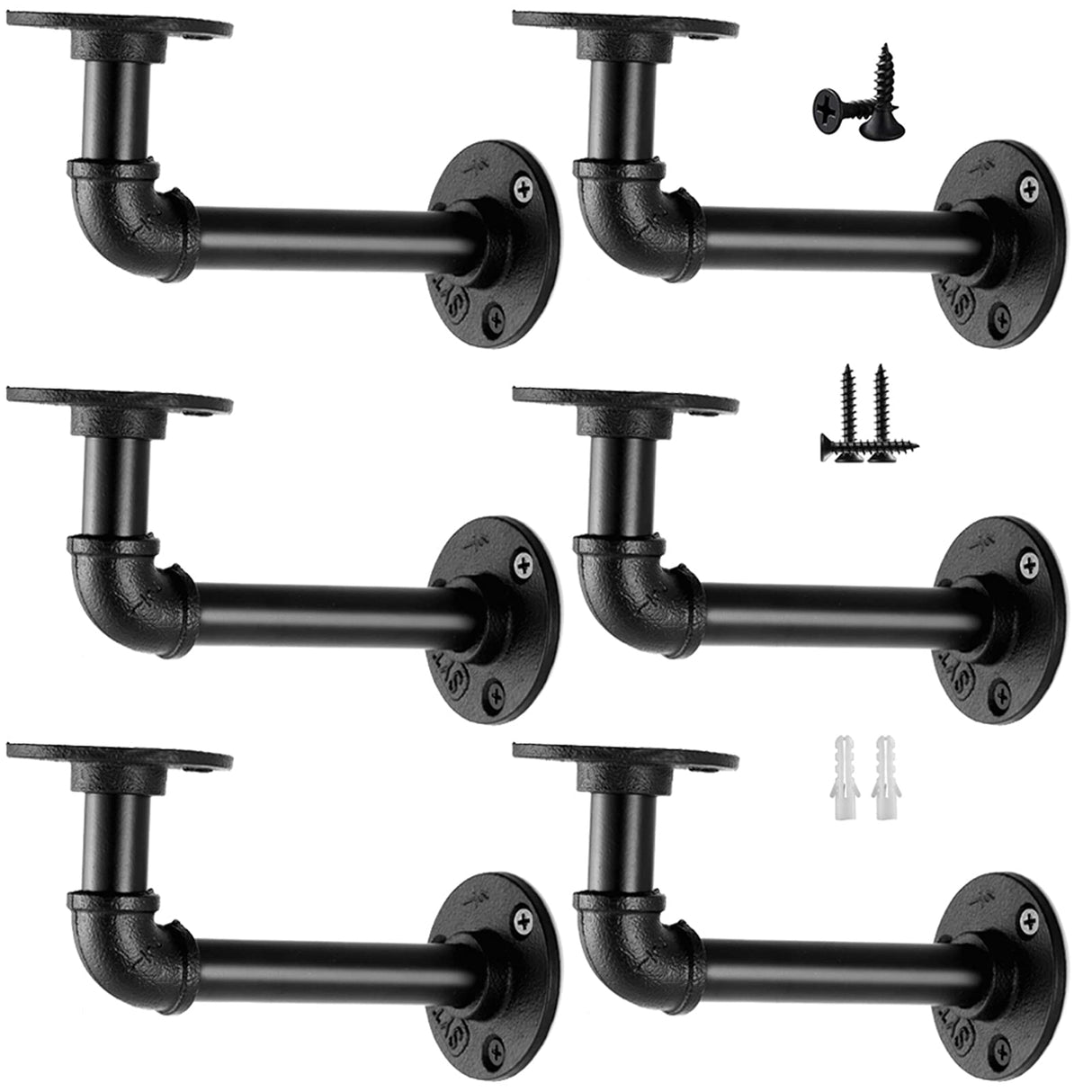 Industrial Pipe Shelf Brackets for 8 10 12 14 inches Board, Iron L Pipe Floating Shelf Bracket Heavy Duty Metal Shelving Brackets for Shelves- 6 Pack Black Janyang