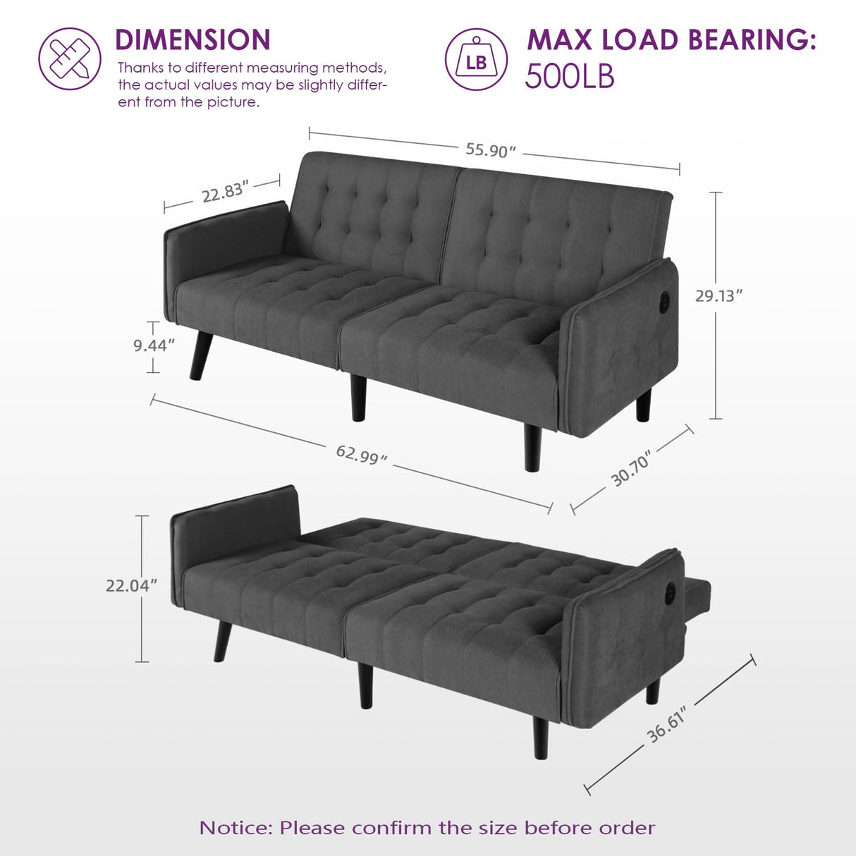 TYBOATLE 65“ Convertible Futon Sofa Bed w/ 2 USB, Upholstered Tufted Small Adjustable Folding Couch Loveseat, Modern Mid Century Sleeper Sofa for Living Room, Bedroom, Apartment, Office (Dark Grey) TYBOATLE