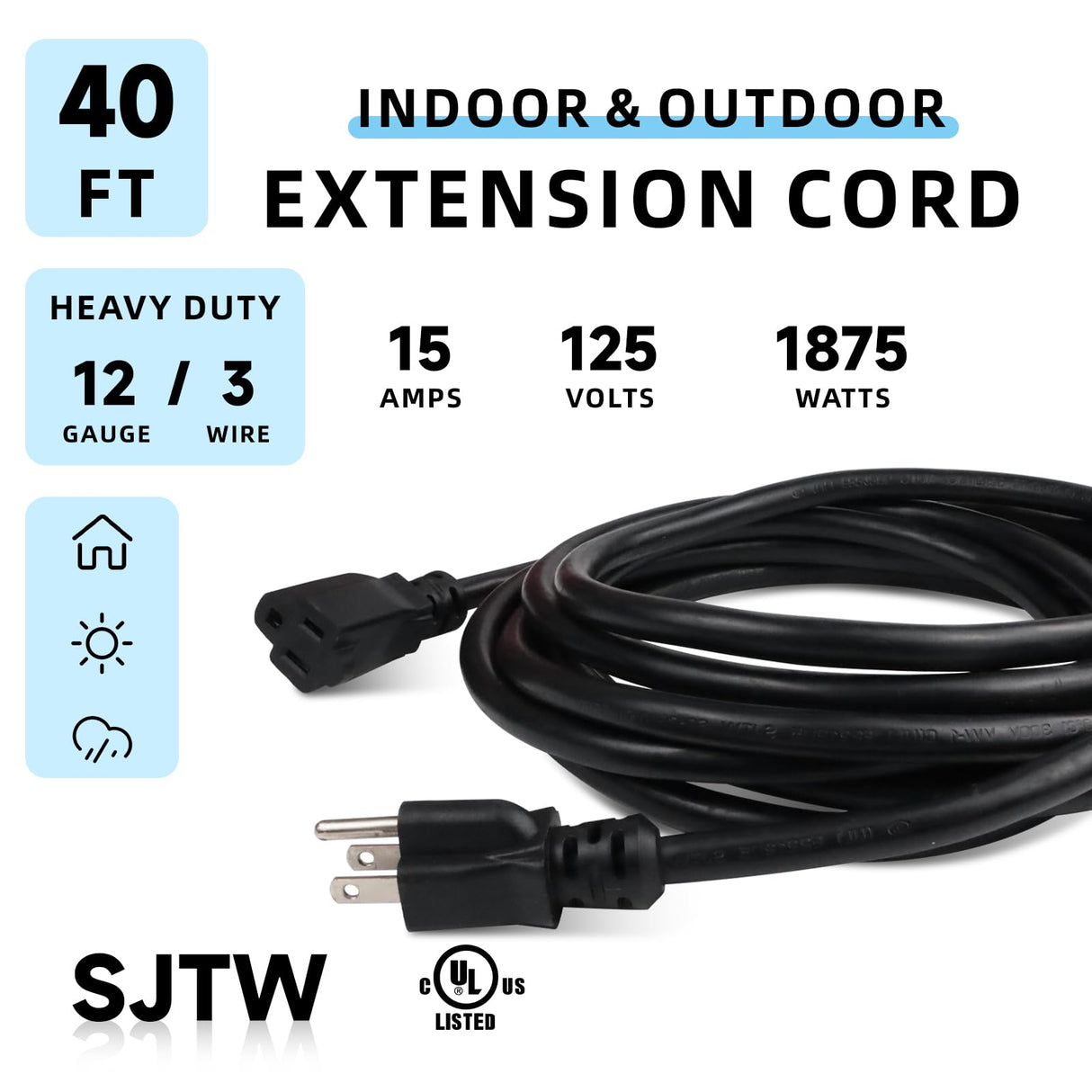 EP 40 Ft Outdoor Extension Cord - 12/3 SJTW Heavy Duty Black Extension Cable with 3 Prong Grounded Plug - Power Cord for Lawn, Garden, Appliances EP