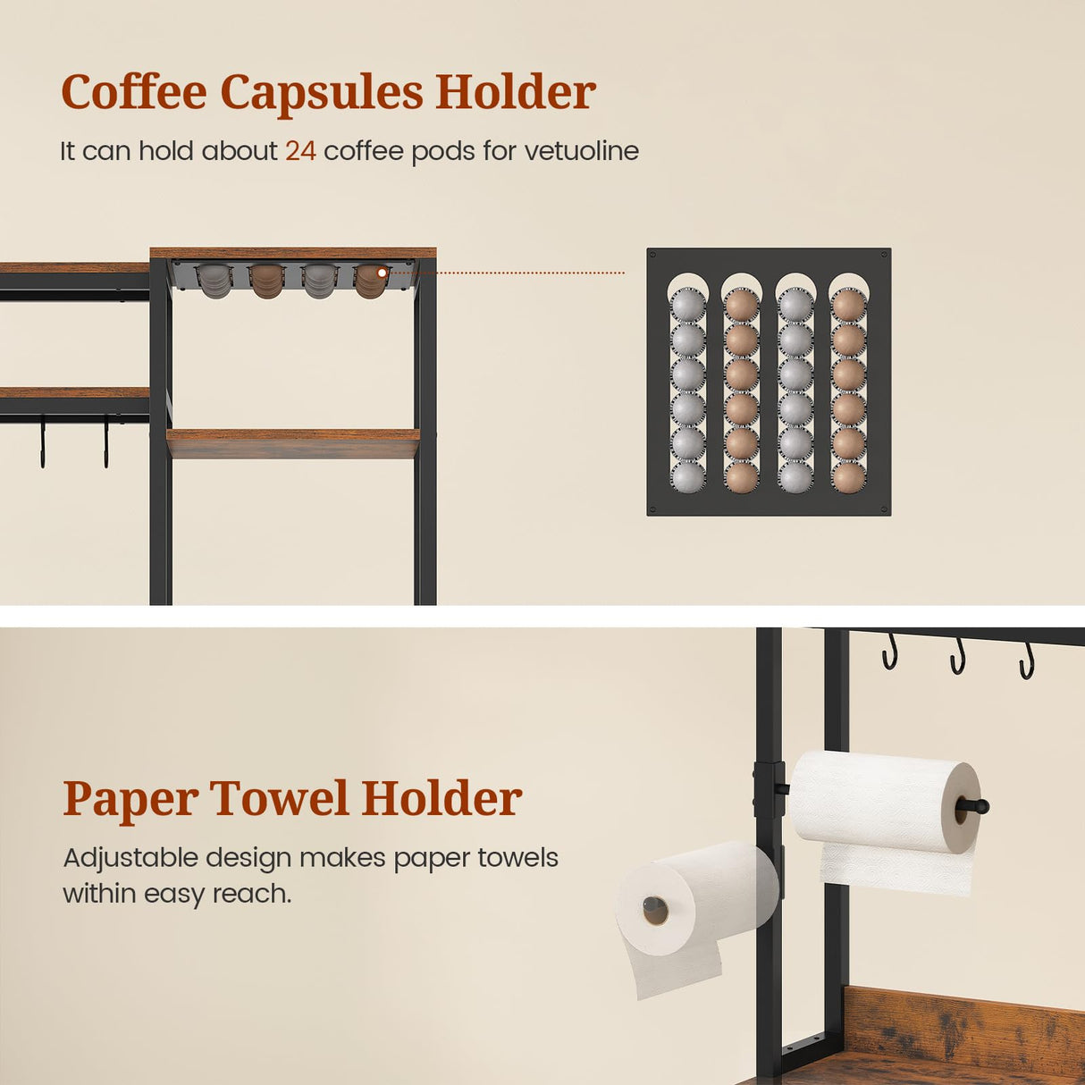 47.2 in Bakers Rack with Power Outlet & LED Light, Coffee Bar with Coffee Pod Holder for Vetuo, Kitchen Microwave Stand with Storage Shelves, Paper Holder, Cabinet, Wire Basket, 8 Hooks (Rustic Brown) UPOSOJA