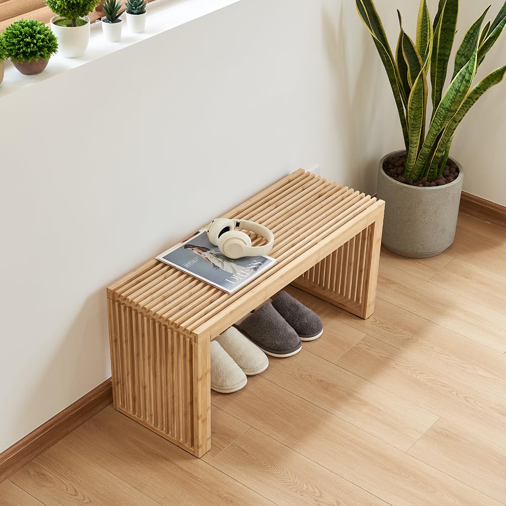 Versatile Wooden Slatted Bench - Sleek Modern Design for Dining, Entryway, Bedroom - Indoor Use with Storage Capability for Home, Kitchen, Bathroom & Beyond (Natural) Berkvee