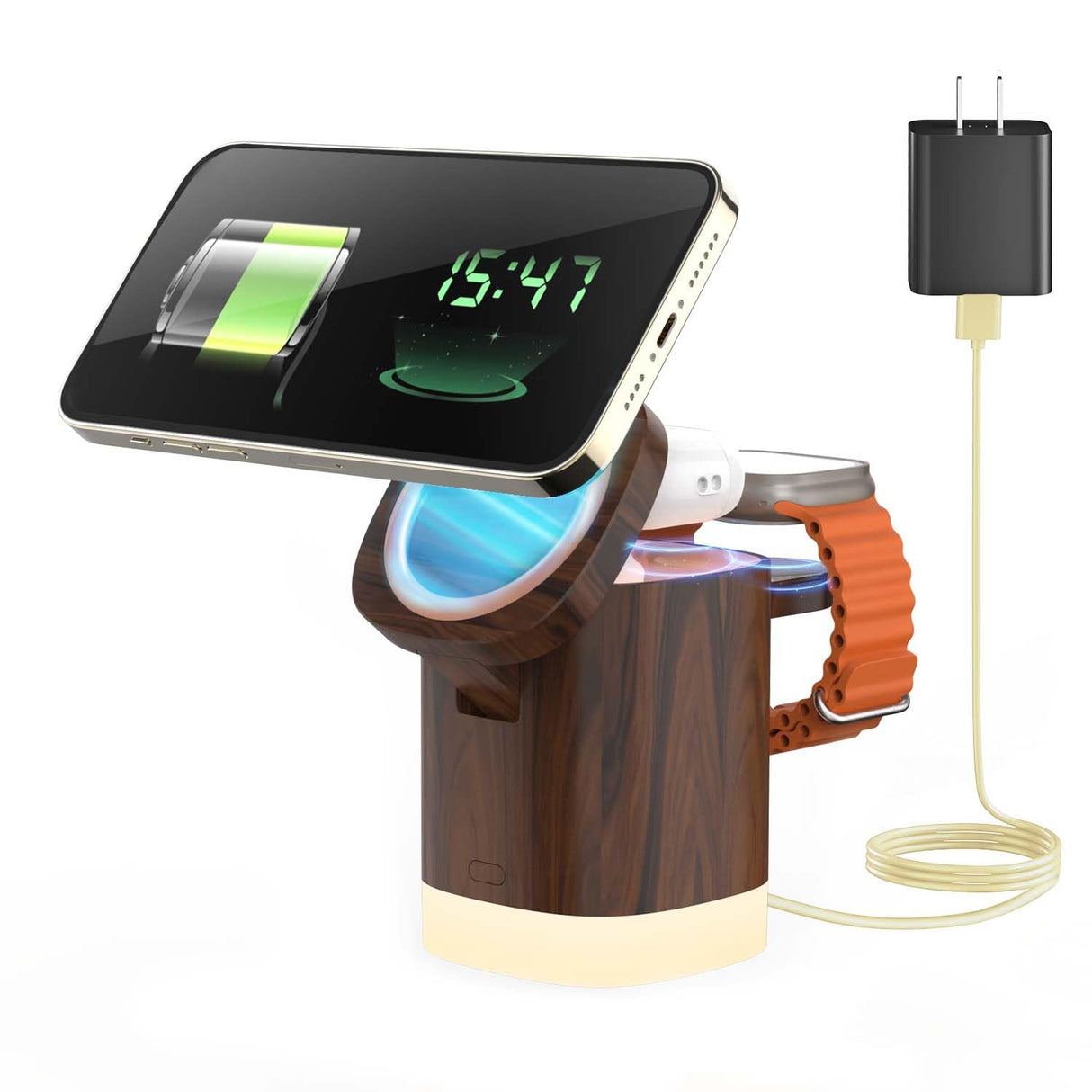 JoyGeek 3-in-1 Charger Stand for Magsafe: Foldable Wireless Charging Station with Night Lights - Magnetic Charger Dock for iPhone 15/14/13/12 Pro/Max/Plus, AirPods, Apple Watch 2-9/Ultra (Burly Wood) JoyGeek