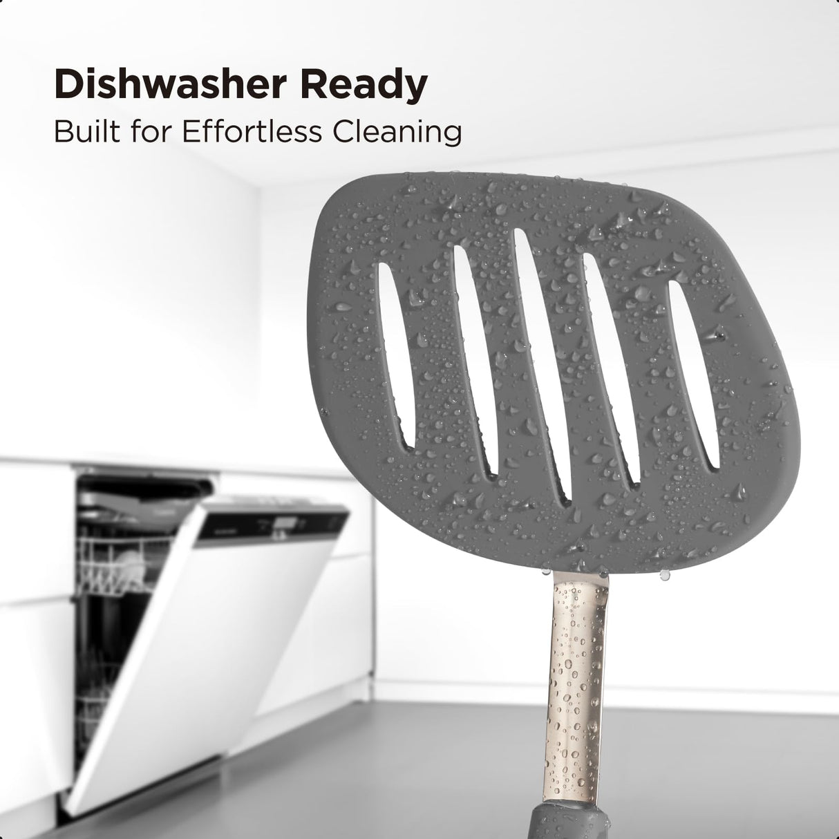 Kitchen Mama WaltzGrip Platinum Silicone Pancake Spatula Turner: Heat-Resistant, Slotted Tapered Head, Stainless Steel Core, Durable, Dishwasher-Safe, Ideal for Flipping and Wok Use (Metal Gray) Kitchen Mama