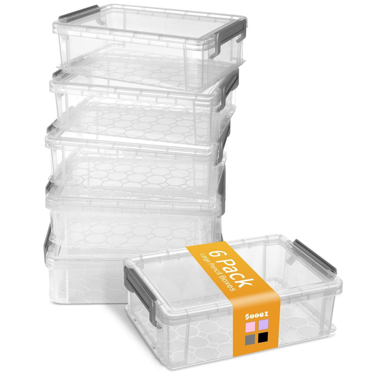 Sooez 6 Pack Extra Large Pencil Box, Plastic Pencil Case Crayon Box Bulk, Clear Marker Organizer Plastic Containers with Lid, Stackable Storage Box for Craft, Pen, Art, School Supply, Grey Sooez
