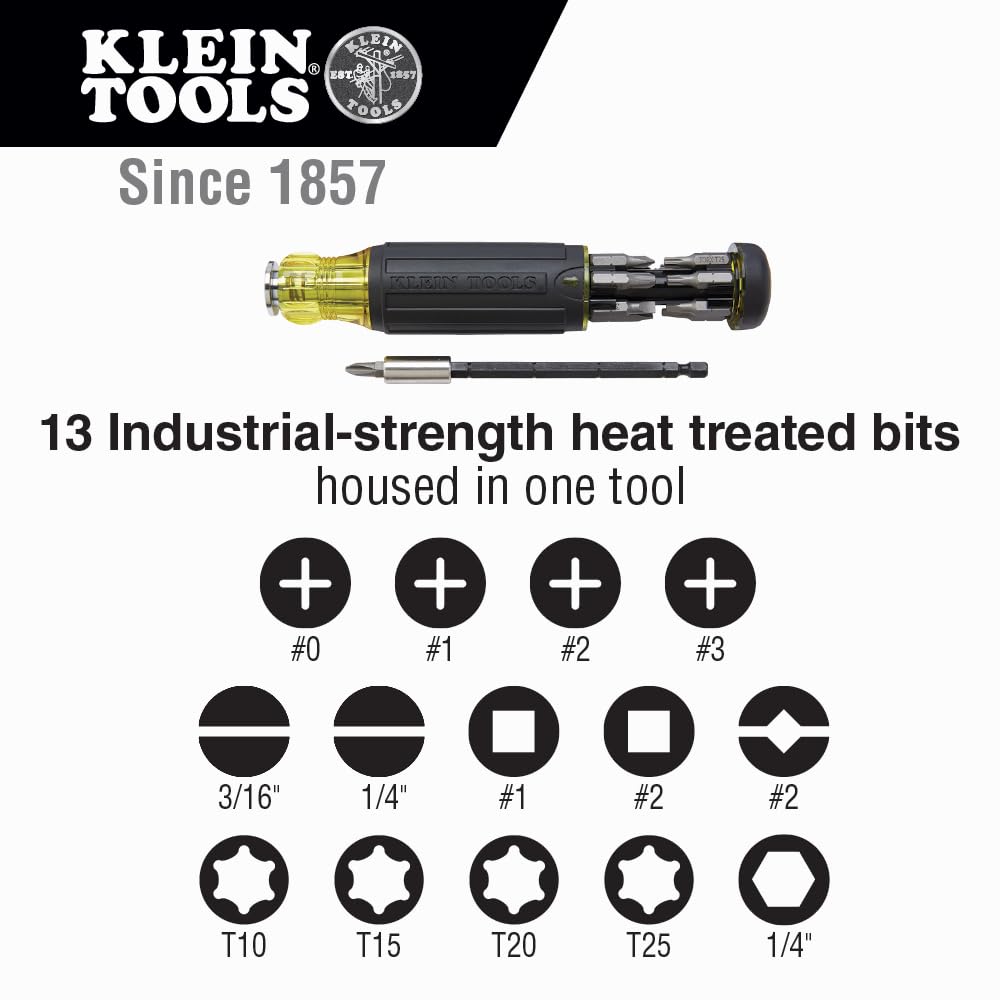 Klein Tools 32303 Multi-Bit Screwdriver / Nut Driver, Impact Rated 14-in-1 Magnetic Screwdriver Set Phillips, Slotted, Square, Combo, Torx Klein Tools