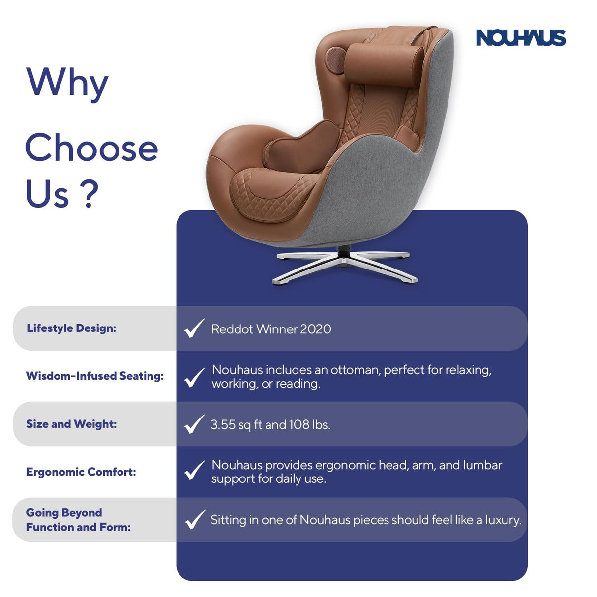 Nouhaus Classic Massage Chair with Ottoman – Caramel Leather Recliner with Percussive Shiatsu Massager, Built-in Speaker & Full Body Spot Massage – Ultimate Comfort for Home & Office Nouhaus