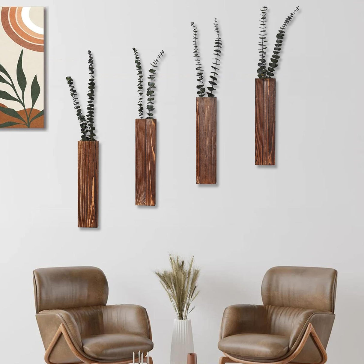 Sawoake Wooden Wall Planter Set of 4 - Modern Home Decor for Living Room, Bedroom, Bathroom - Walnut Finish Planter for Dried Flowers, Faux Greenery, Indoor Plants Sawoake