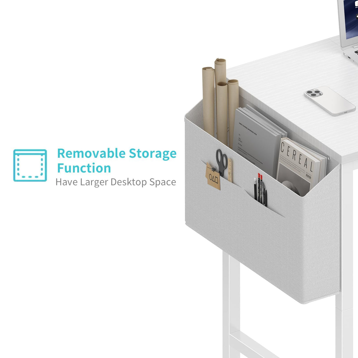 Lufeiya Small White Desk for Small Spaces, 32 Inch Kids Girls Study Writing Desks for Bedroom, Simple Modern Laptop PC Little Side Table with Storage Bag Headphone Hook, White Lufeiya