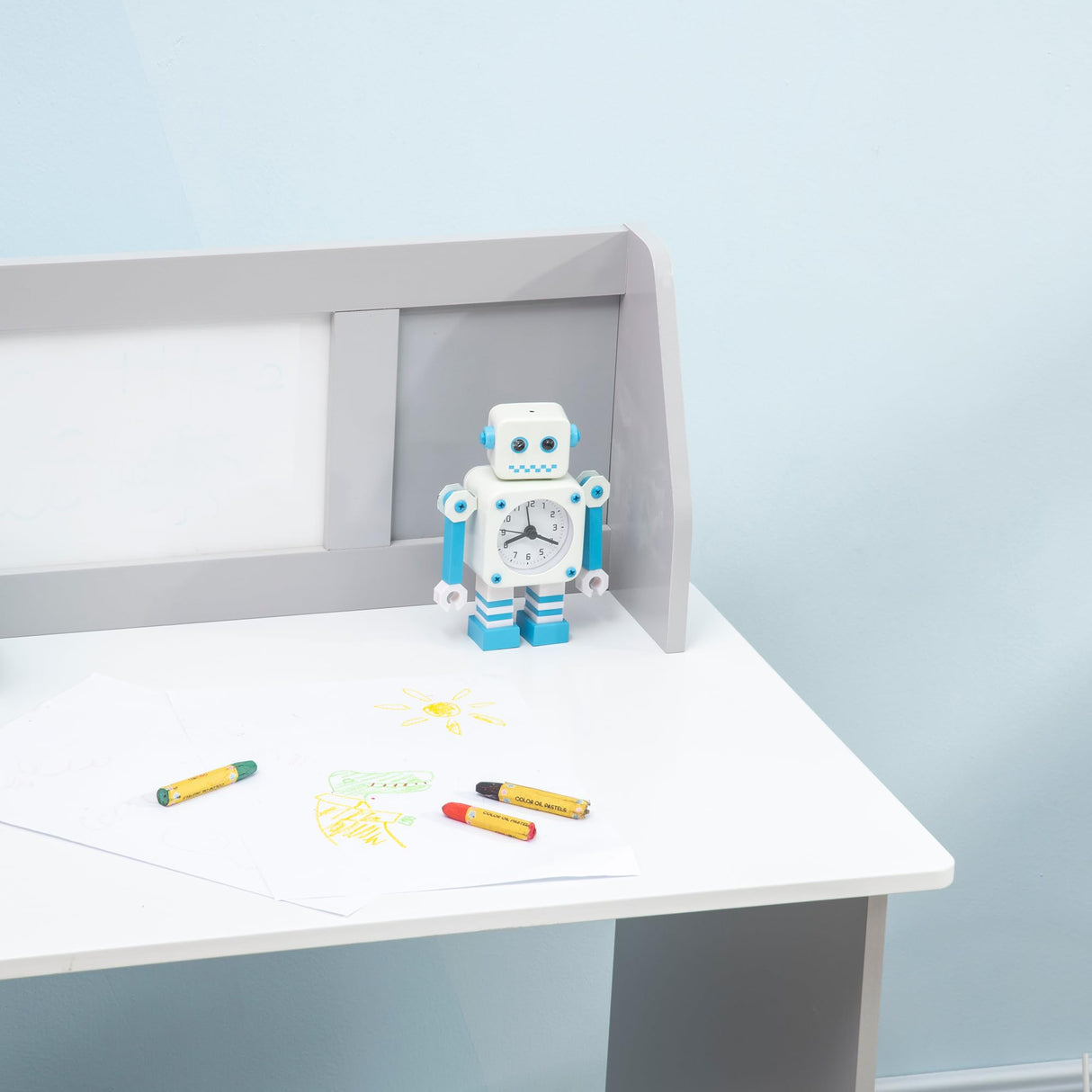 Qaba Toddler Desk and Chair Set, Kids Writing Desk Study Table for Children with Whiteboard, Storage Cabinet, Child Furniture, Art Gifts for Kids, Gray Qaba