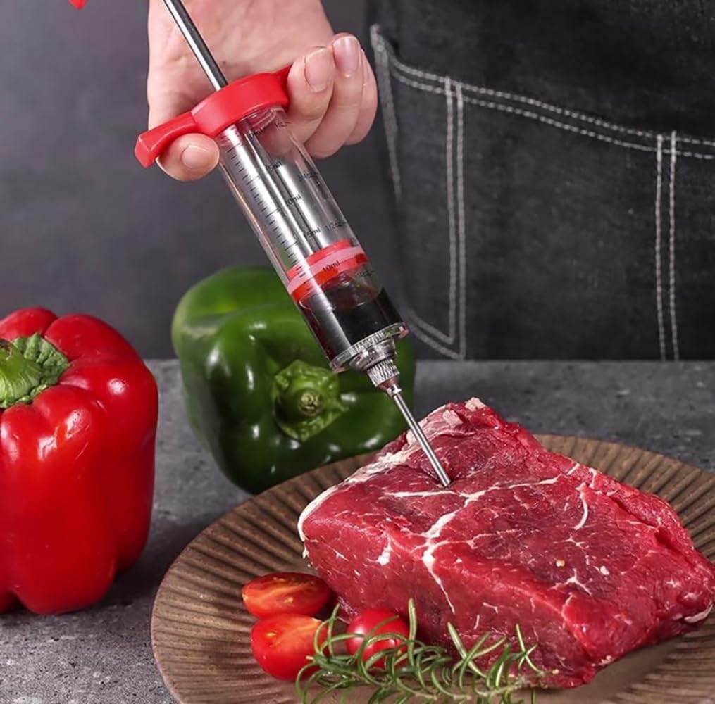 Plastic Meat Injector, Turkey Injector Syringe, Marinade Injector Turkey Injection Kit, Meat Injectors for Smoking, BBQ Grill Injector, Red 1oz (1 Injector 1 Needle) Ruiwin