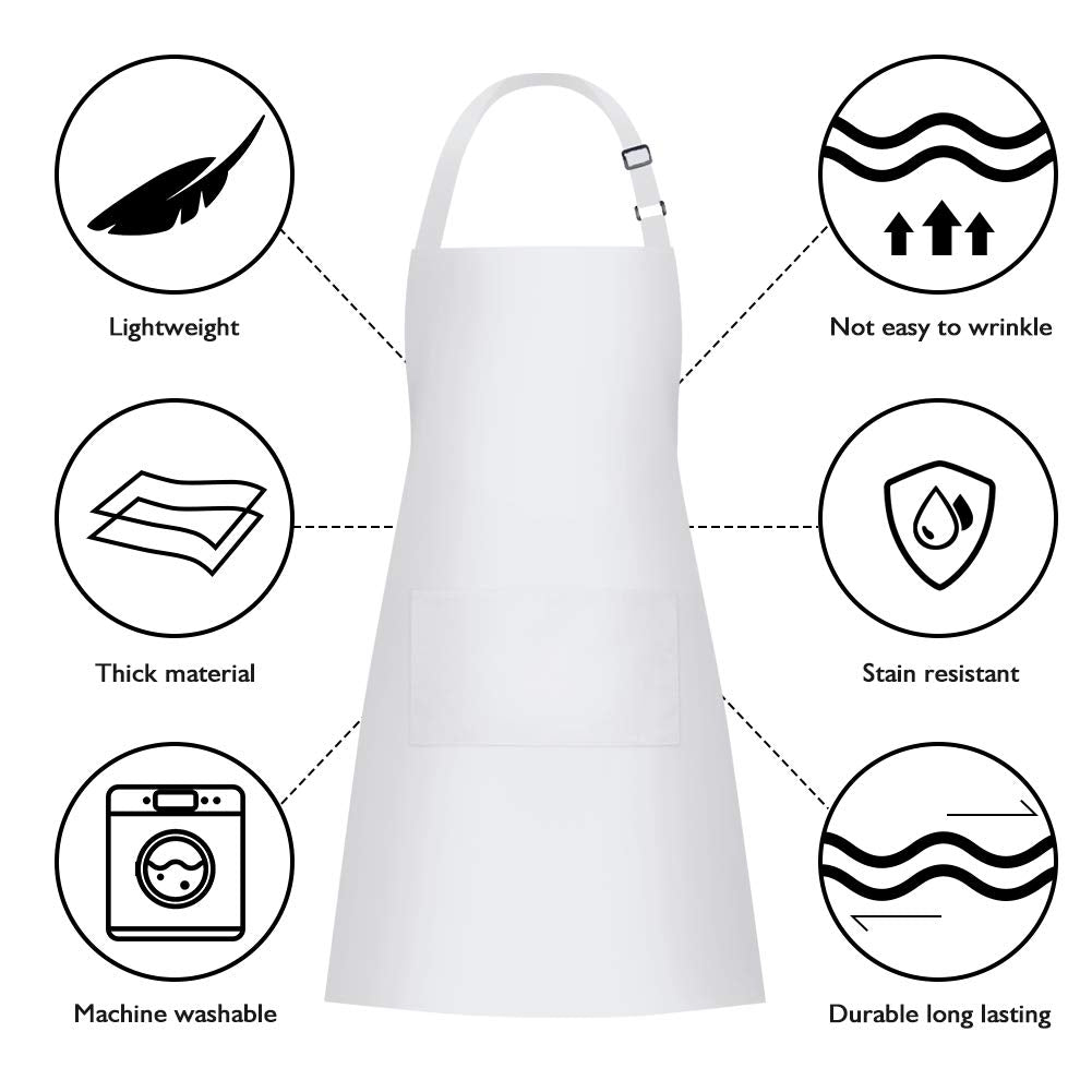 Jubatus 2 Pack Bib Aprons with 2 Pockets Cooking Chef Kitchen Apron for Women Men, White Jubatus