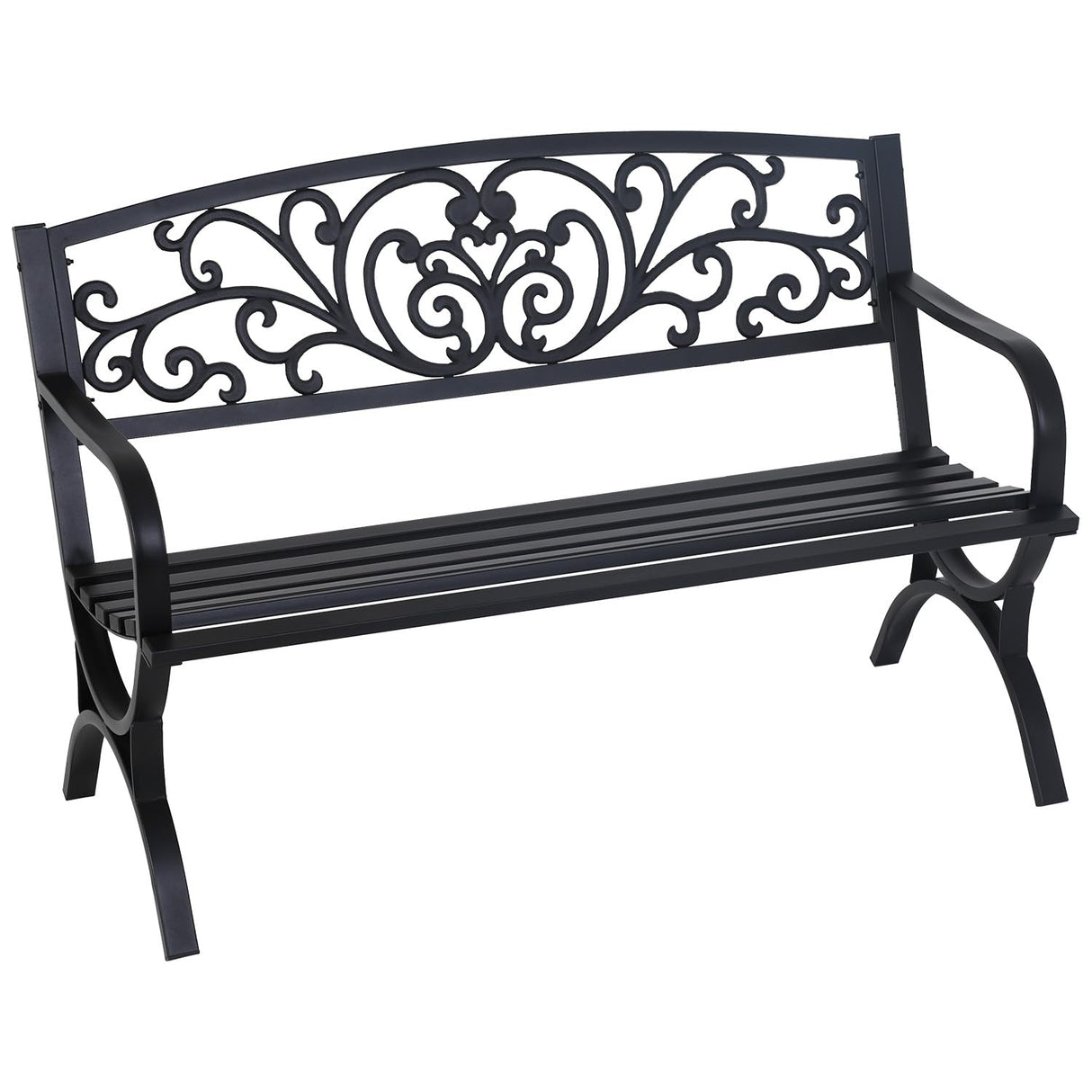FDW Outdoor 50 Inches Garden Bench, Slatted Seat Armrests Floral Design Backres and Arch Legs, Perfect for Park, Yard, Porch, Lawn, Balcony, Backyard, Black FDW