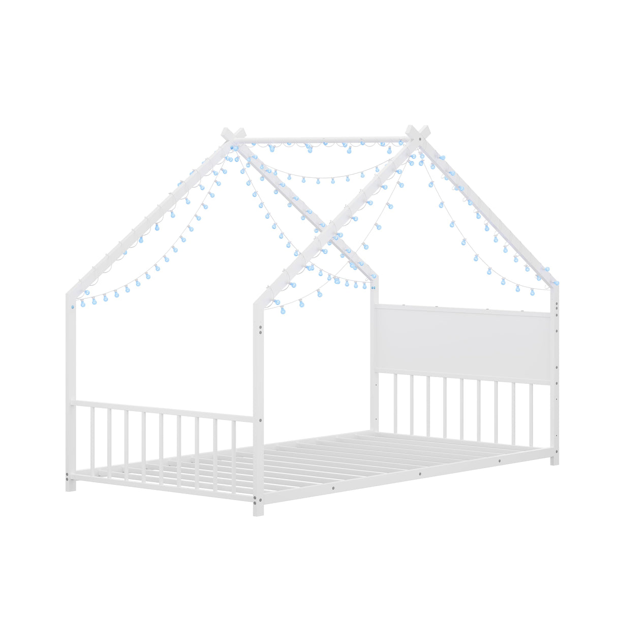Twin Size Montessori Floor Bed with RGB LED Light, Twin Size House Floor Bed with High Headboard and Footboard, Twin Floor Bed with Slats, Twin Floor Bed for Kids(Twin White) Bellemave