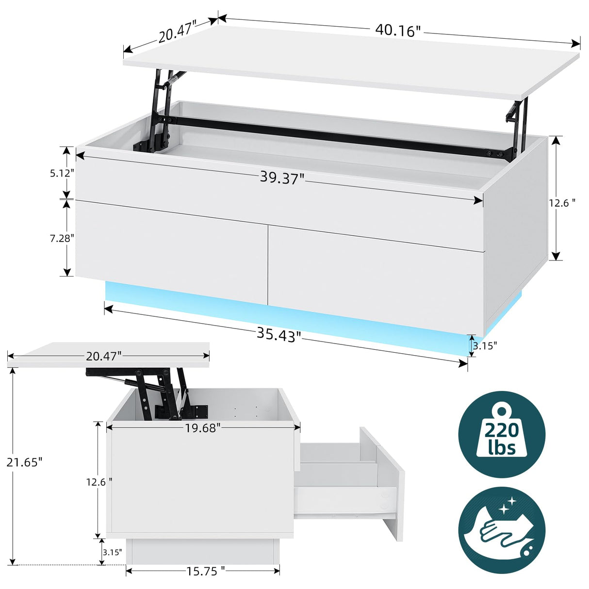 HOMMPA 40'' Lift Top Coffee Table for Living Room, White Coffee Tables with Storage, LED Modern Coffee Table Rectangular White Gloss, Flip Top Center Table with 2 Drawers and Hidden Compartment HOMMPA