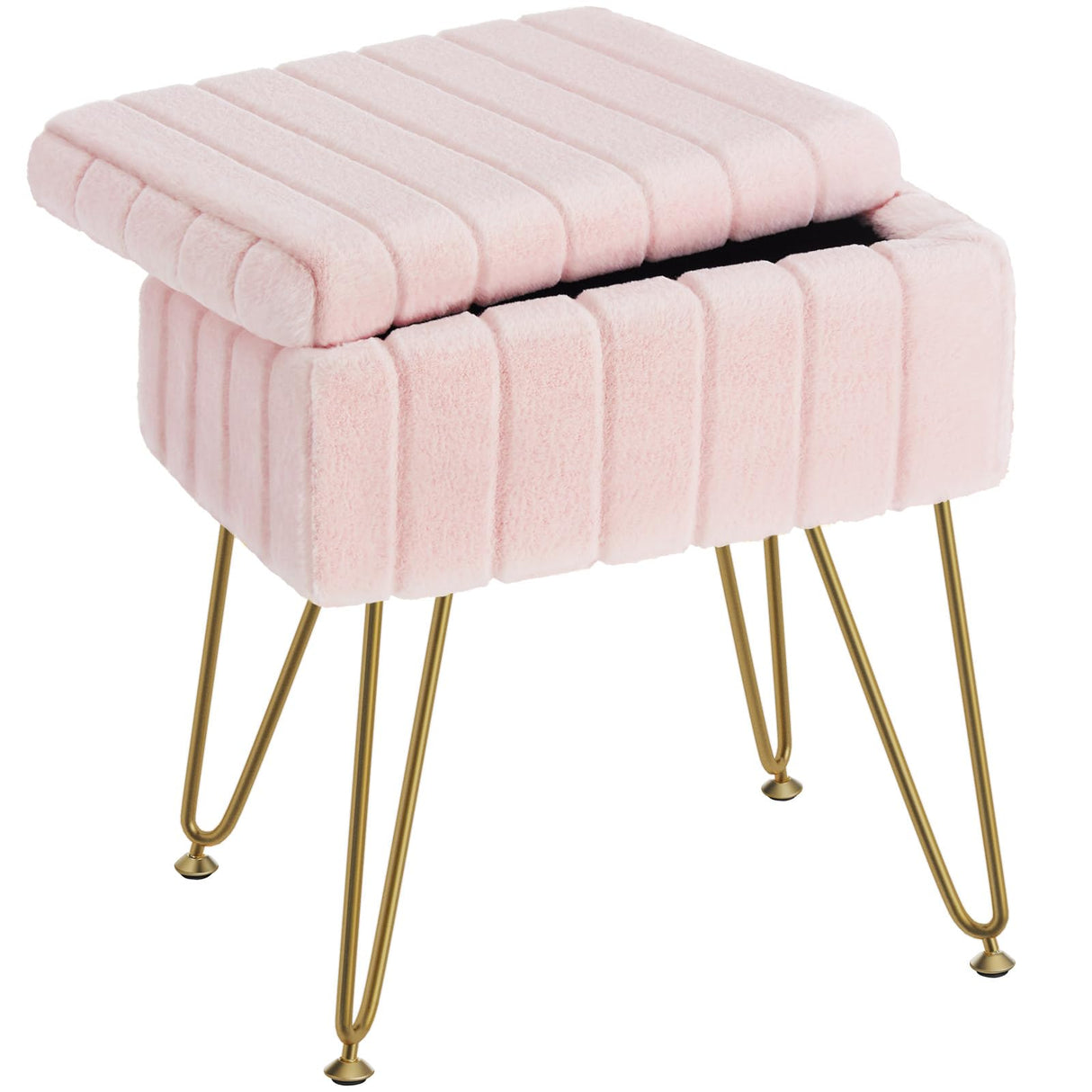 Greenstell Vanity Stool Chair Faux Fur with Storage, 15.7"L x 11.8"W x 19.4"H Soft Ottoman 4 Metal Legs with Anti-Slip Feet, Furry Padded Seat, Modern Multifunctional Chairs for Makeup, Bedroom Pink GREENSTELL