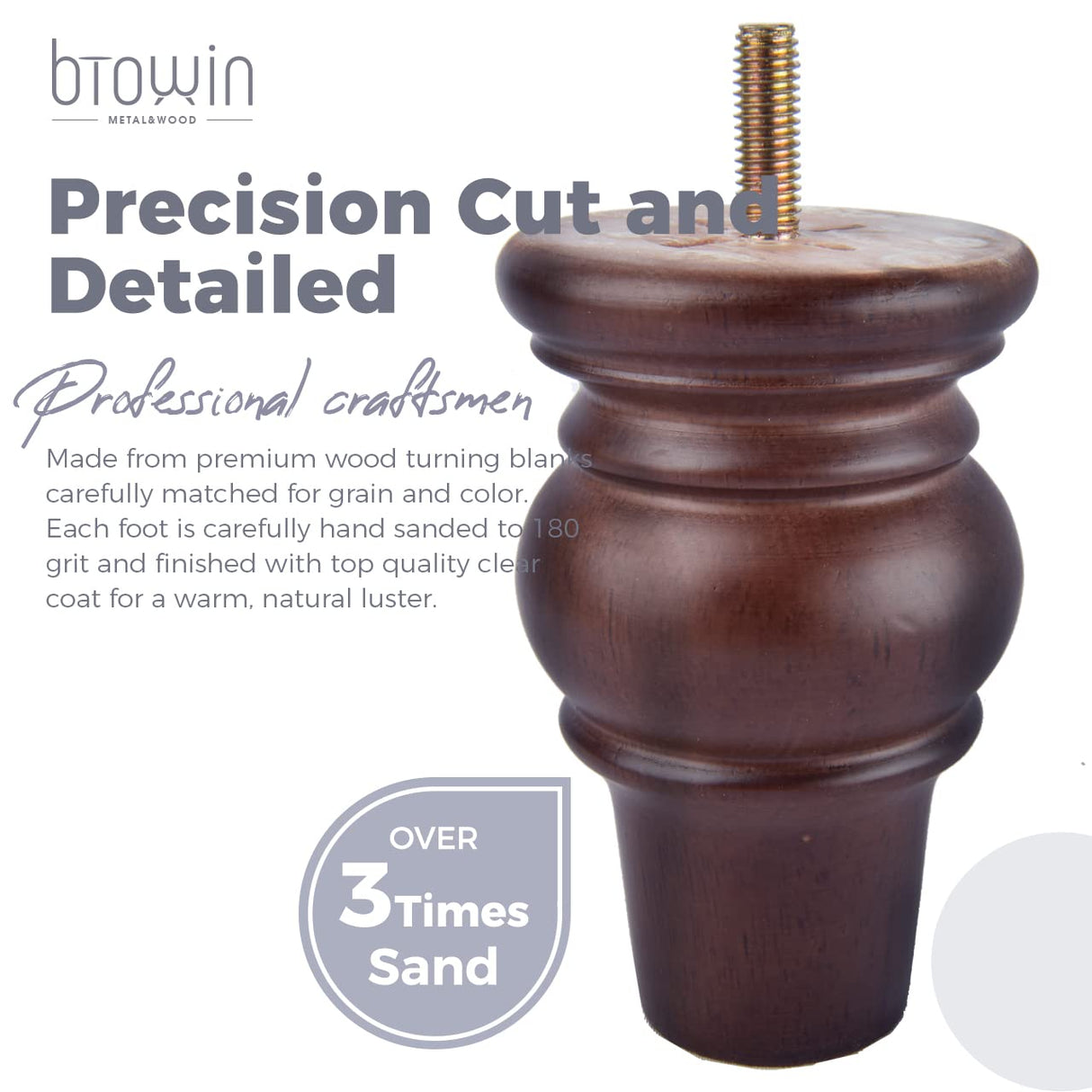 Btowin 4 inch Solid Wood Furniture Legs, 4Pcs Wooden Turned Bun Feet with Threaded 5/16'' Hanger Bolts & Mounting Plate & Screws for Sofa Couch Chair Ottoman Loveseat Btowin